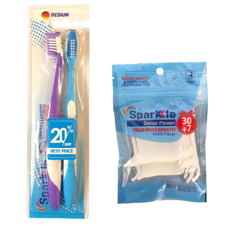 مسواک اسپارکل مدل +s9 با برس متوسط بسته 2 عددی به همراه نخ دندان اسپارکل مدل کمانی مجموعه 37 عددی | مشکی | سرویس ویژه دارومن : 7 روز تضمین بازگشت کالا
